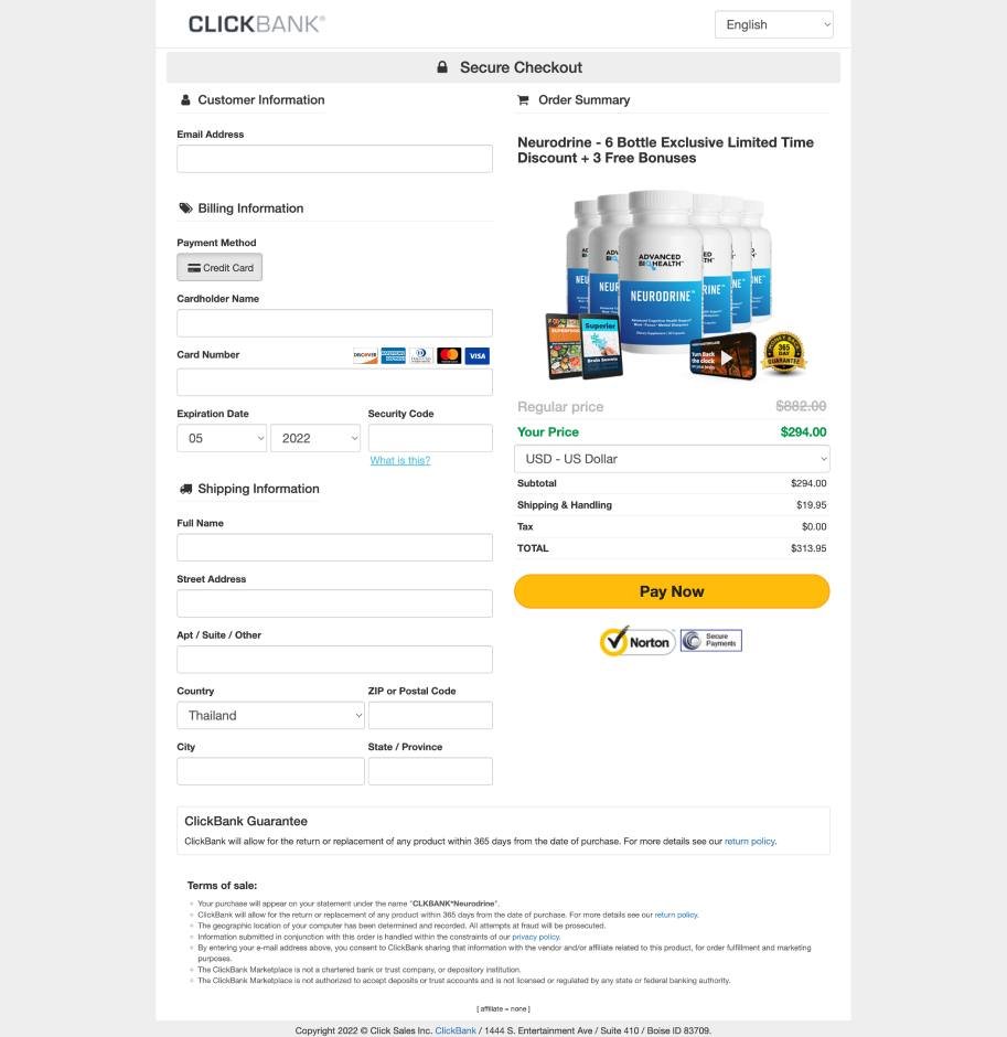 Encrypted secure checkout for Neurodrine orders